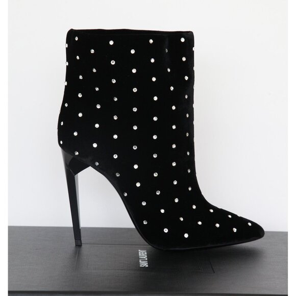 SAINT LAURENT BOOTS FREJA CRYSTAL STUDDED VELVET ANKLE BOOTIES sz 36.5 6.5 US - Picture 11 of 15